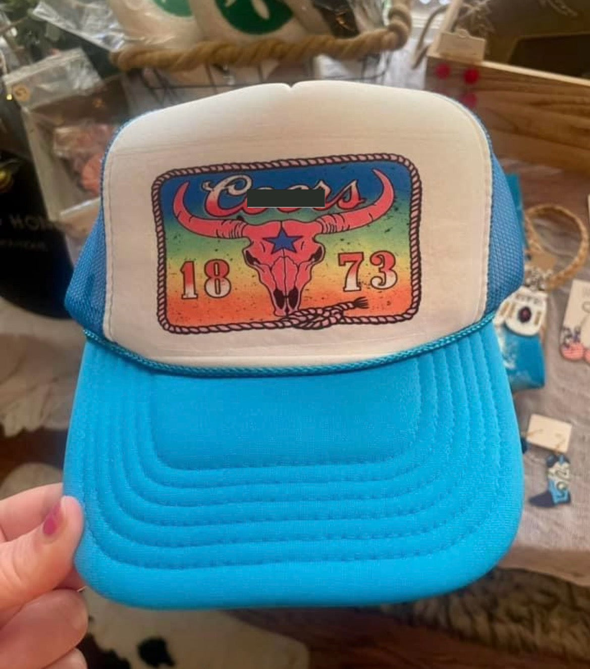 blue trucker hat