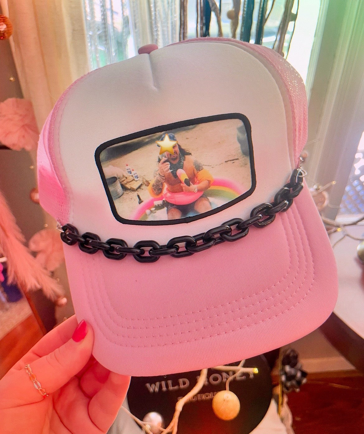 pink trucker hat