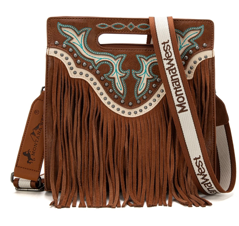 Fringe Embroidered Tote/Crossbody