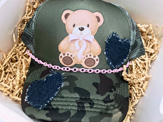 blue jean teddy + camo trucker hat