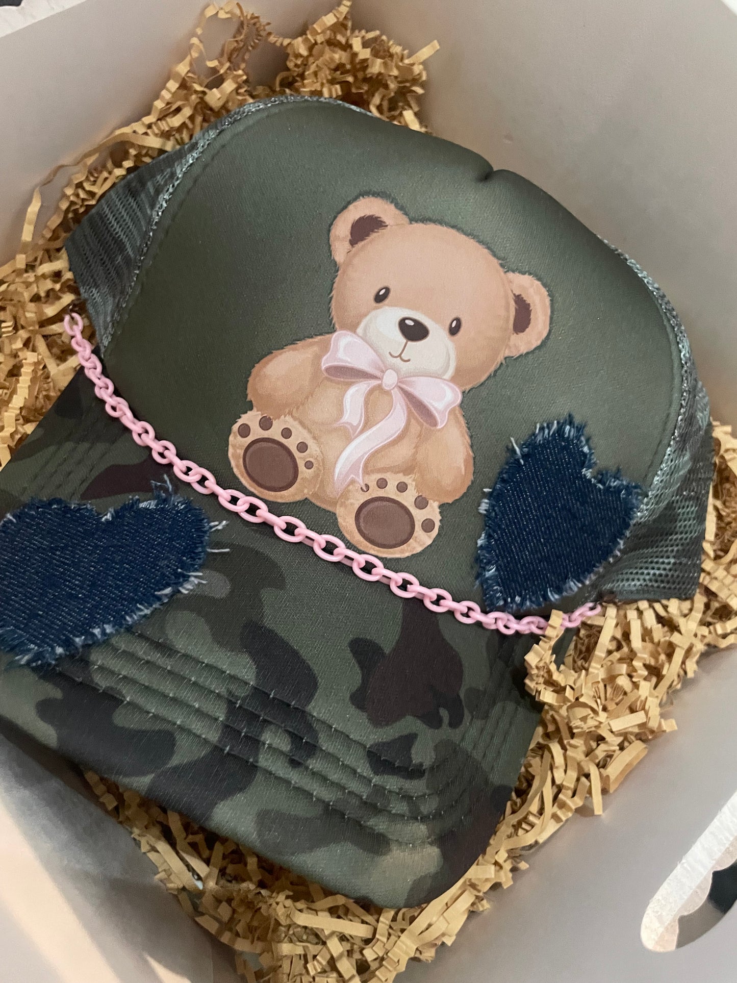 blue jean teddy + camo trucker hat
