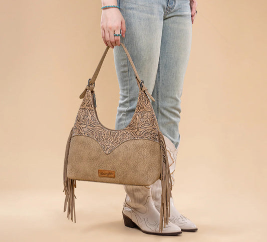 fringe floral tooled wrangler hobo bag