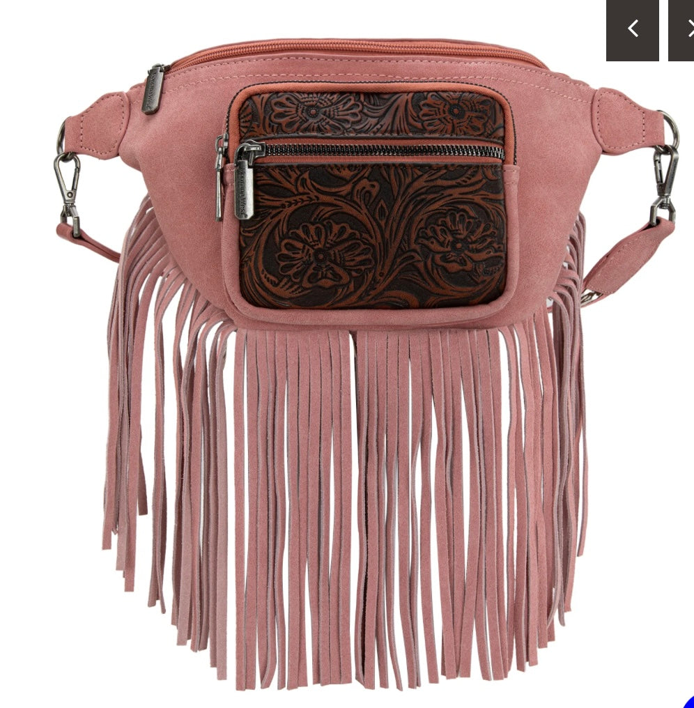 floral tooled fringe fanny pack