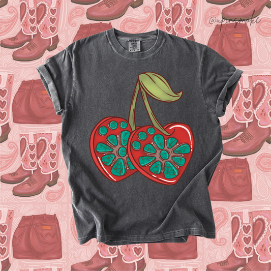 Turquoise Cherries tee